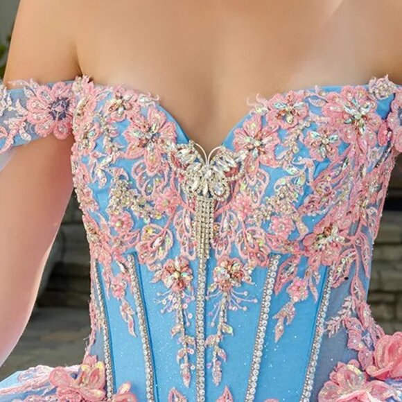 New Layered Bahama Blue Off The Shoulder Quinceanera Gown w/ Lace up Back GL3708 - Picture 6 of 13